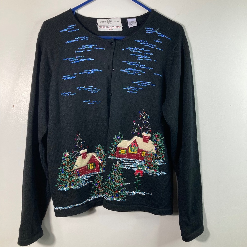 Marisa Christina 2003 Black Embroidered Beaded Houses Trees Cardigan M